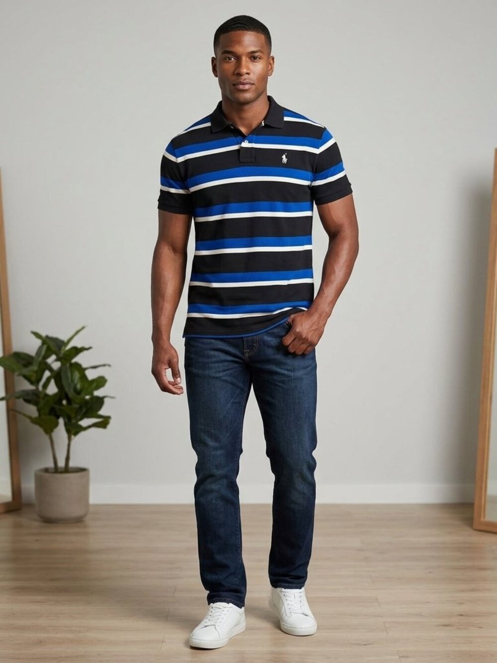 Polo Ralph Lauren Mens Blue Black Striped Short Sleeve Polo Shirt Size Large